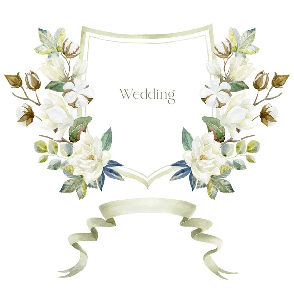 Akvarell Crest Med Magnolia Blommor Den Vita Bakgrunden Bröllopsdesign — Stockfoto
