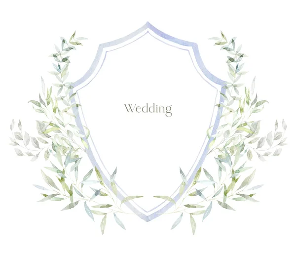 Akvarell Crest Med Gröna Blad Den Vita Bakgrunden Bröllopsdesign — Stockfoto