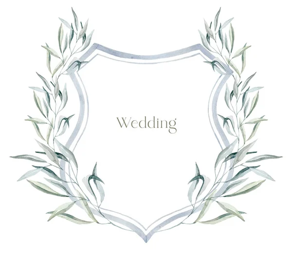 Акварель Герб Зелеными Листьями Белом Фоне Свадебный Дизайн — стоковое фото