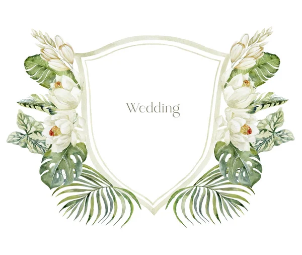 白色背景上有白色花朵的水彩画 婚礼设计 — 图库照片