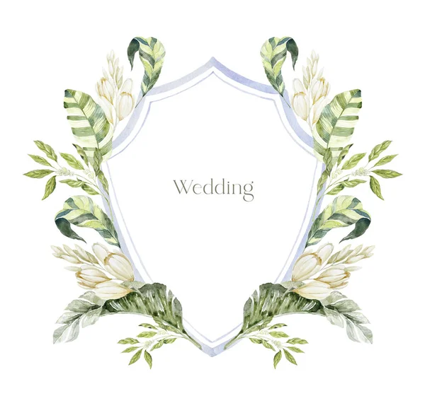 白色背景上有白色花朵的水彩画 婚礼设计 — 图库照片