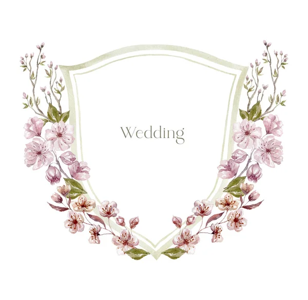Aquarell Wappen Mit Kirschblüten Auf Weißem Hintergrund Hochzeitsdesign — Stockfoto