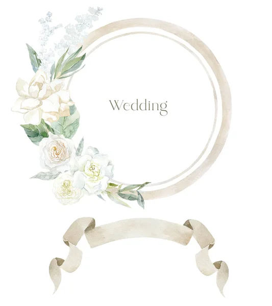 Aquarellrahmen Mit Blumen Auf Weißem Hintergrund Hochzeitsdesign — Stockfoto
