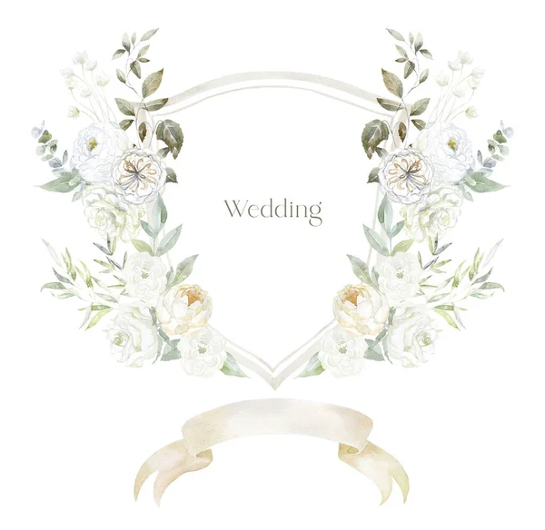 Aquarell Wappen Mit Weißen Blumen Auf Weißem Hintergrund Hochzeitsdesign — Stockfoto