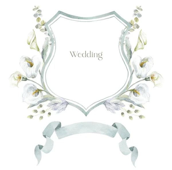 Aquarell Wappen Mit Weißen Blumen Auf Weißem Hintergrund Hochzeitsdesign — Stockfoto