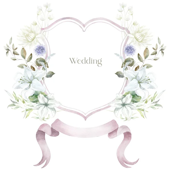 Watercolor Crest White Flowers White Background Wedding Design — Stock Photo, Image