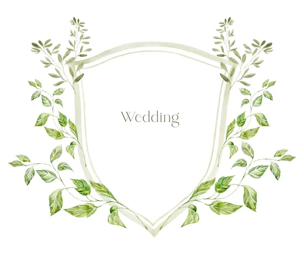 Aquarell Wappen Mit Grünen Blättern Auf Weißem Hintergrund Hochzeitsdesign — Stockfoto