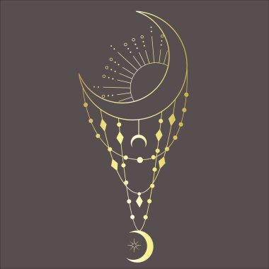 Çizgi Sanat Tasarımı ve Koyu Arkaplanda Hilal. Vektör İllüstrasyonu.