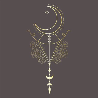 Çizgi Sanat Tasarımı ve Koyu Arkaplanda Hilal. Vektör İllüstrasyonu.