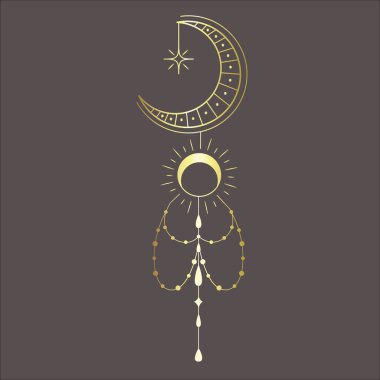 Çizgi Sanat Tasarımı ve Koyu Arkaplanda Hilal. Vektör İllüstrasyonu.