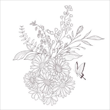 Gerbera ile düğün buketi. Çizgi Sanatı İllüstrasyonu.