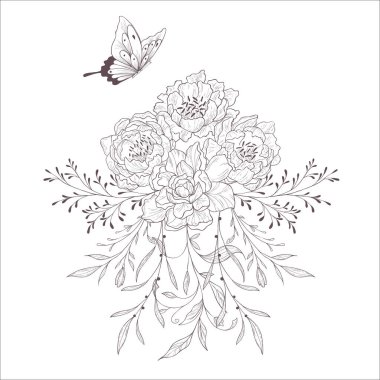 Wild Rose 'lu düğün buketi. Çizgi Sanatı İllüstrasyonu.