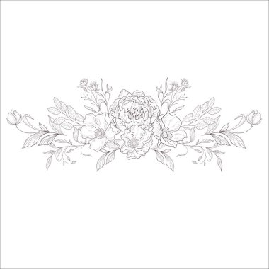 Wild Rose 'lu düğün buketi. Çizgi Sanatı İllüstrasyonu.