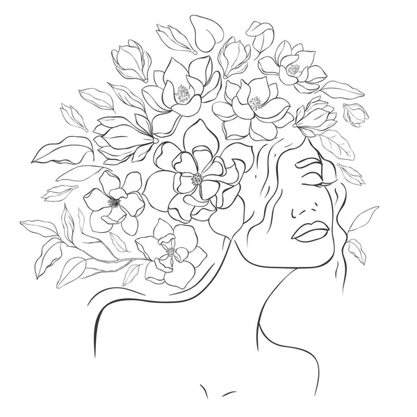 Γραμμική Τέχνη Όμορφες Γυναίκες Λουλούδια Εικονογράφηση Διανύσματος — Διανυσματικό Αρχείο