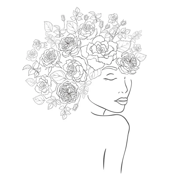 Line Art Pretty Women Květinami Vektorová Ilustrace — Stockový vektor