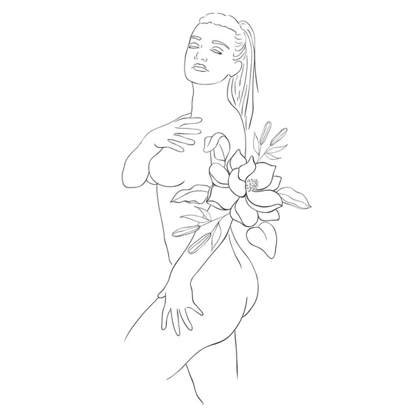 Line Art Pretty Women Mit Blumen Vektorillustration — Stockvektor