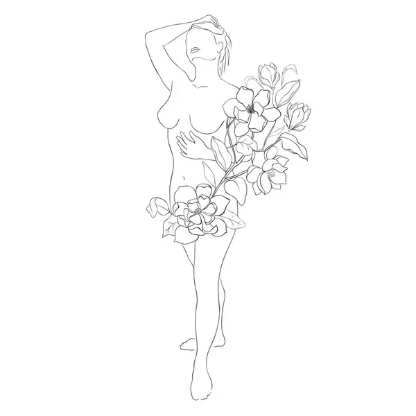 Linea Arte Mujeres Bonitas Con Flores Ilustración Vectorial — Vector de stock
