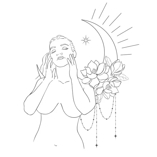 Line Art Piękne Kobiety Księżycem Kwiatami Ilustracja Wektora — Wektor stockowy