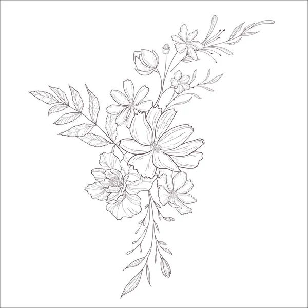 Wedding Bouquet Wild Rose Line Art Illustration — Stock Vector
