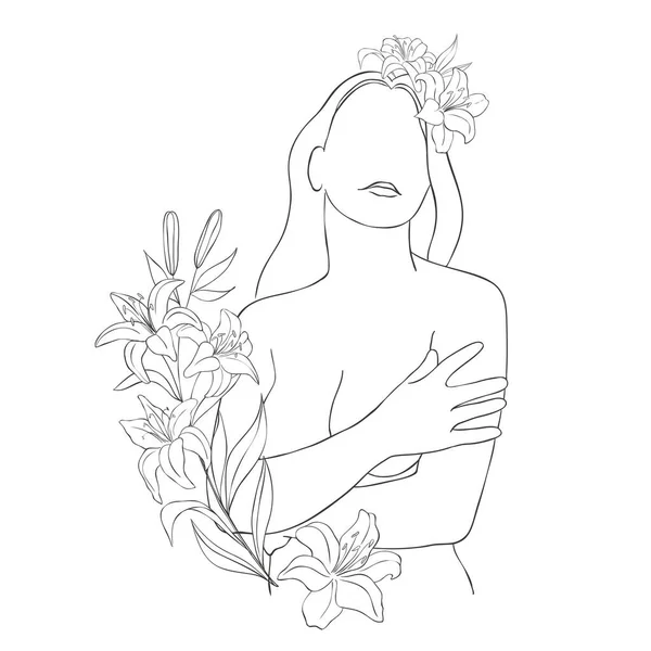 Linia Sztuki Piękne Kobiety Kwiatami Ilustracja Wektora — Wektor stockowy
