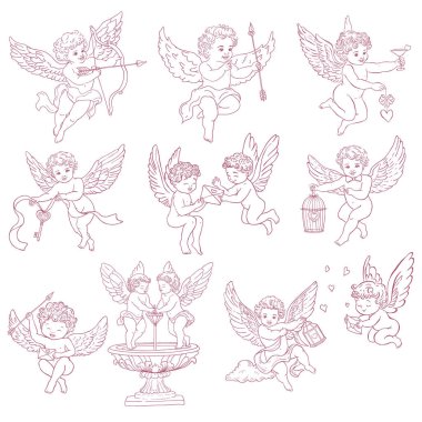 Bir grup kaprisli Cupids. Çizgi Sanatı İllüstrasyonu.