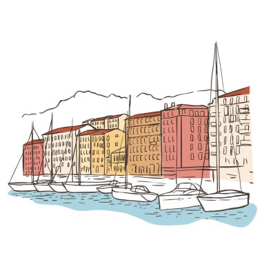 Güzel Sityscape 'in tasviri. Beyaz Arkaplanda Vektör Grafiği.