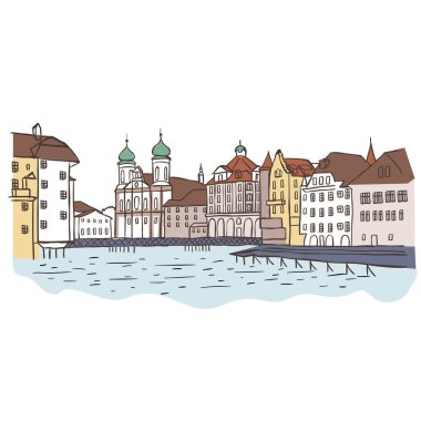 İsviçre Cityscape 'in tasviri. Beyaz Arkaplanda Vektör Grafiği