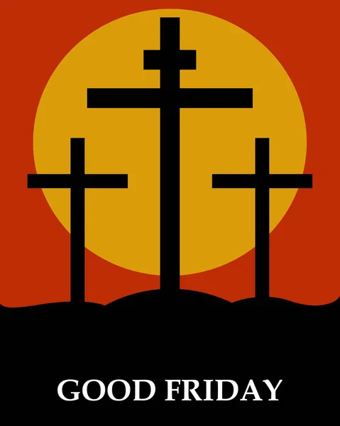 カルヴァリー山の十字架上でのイエス キリストの十字架刑のイラストを背景に月と共に — ストックベクタ