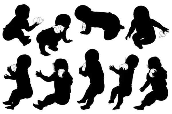 Collection Baby Silhouettes Drinking Baby Bottle Isolated White — Stock Vector