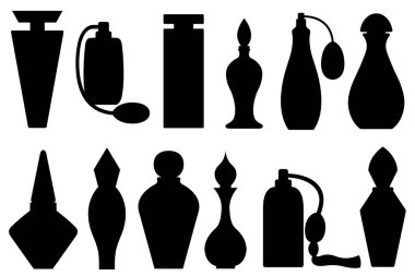 Beyaza izole edilmiş farklı parfüm şişelerinin tasviri