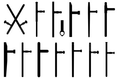 Farklı Tonfa copu koleksiyonu. Beyazlar üzerinde izole edilmiş savaş silahları.
