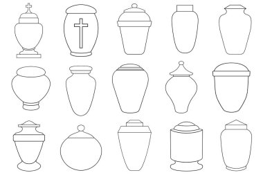 Set of different funeral cremation urns isolated on white