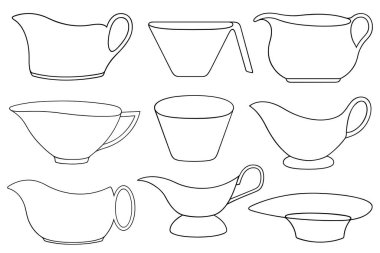 Beyaz arka planda izole edilmiş farklı sos teknelerinin kolajı