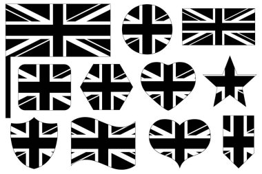Beyaz arkaplanda izole edilmiş farklı şekillerde siyah ve beyaz Birleşik Krallık bayrak simgesi