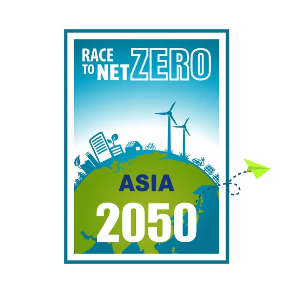 Race Net Zero 2050 Asia Greenhouse Gas Emission Target Carbon — Stock Vector