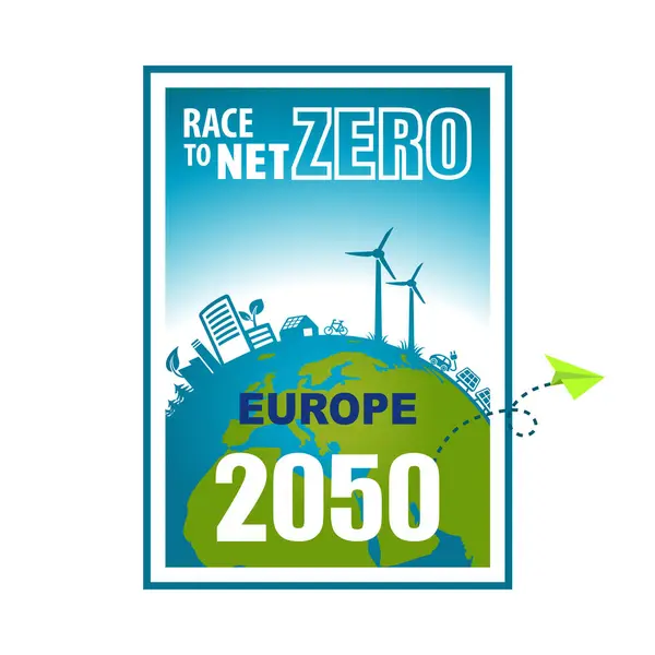 Wyścig Sieci Zero 2050 Europa Cel Emisji Gazów Cieplarnianych Carbon — Wektor stockowy