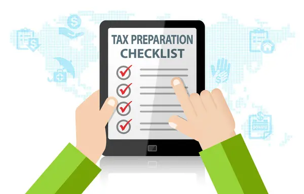Tax Preparation Checklist Tablet Infographic Inglés Concepto Deducción Declaración Impuestos —  Fotos de Stock