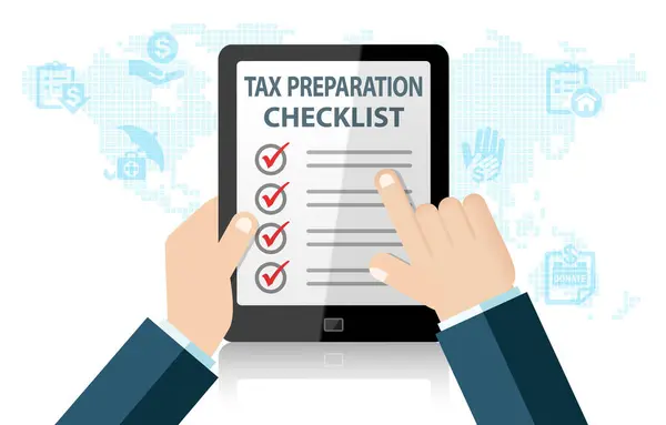 Tax Preparation Checklist Tablet Infographic Inglés Concepto Deducción Declaración Impuestos — Foto de Stock