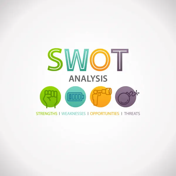 Swot Analysis Strategy Planning Technique Business Marketing Wheel Infografik Stärken — Stockvektor