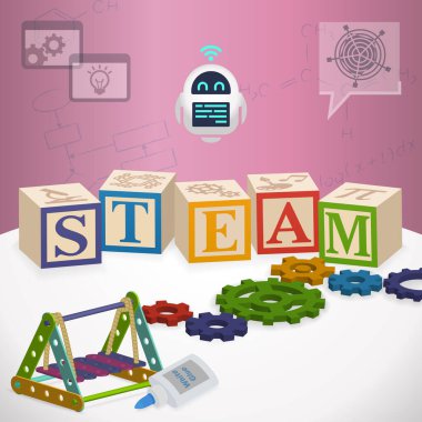 Buhar Eğitimi Konsepti. Bilim Teknolojisi Mühendisliği Sanatları ve Matematik dersi veren bir robot eğitmenle.