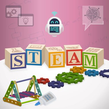 Buhar Eğitimi Konsepti. Bilim Teknolojisi Mühendisliği Sanatları ve Matematik dersi veren bir robot eğitmenle.