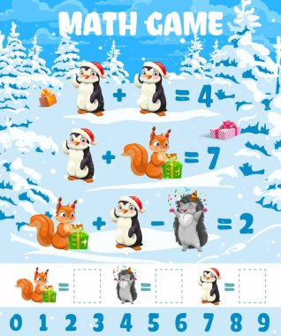 Çizgi film komik Noel hayvanları ve hediyeler, matematik oyun çalışma tablosu, vektör eğitim sınavı. Noel Baba penguen, kirpi ve sincabın matematik bilmeceleri. Matematik toplama ve çıkarma için.