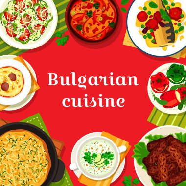 Bulgar mutfak menüsü kapağı. Tavuk sebzeli Plakia, domates soslu fırında balık ve patates turtası Patatnik, çorba Tarator, salata Shopska ve peynirli biber, kebap kebapcheta, çorba Supa Topcheta