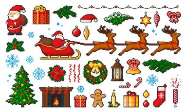 8 bit Noel ve Yeni Yıl pikseli simgeleri veya karakter oyun varlığı. Noel Baba, hediyeler ve kızak, kar tanesi, ağaç, vektör Xmas çanı, çelenk ve toplar, çorap, hediye kutusu, şeker kamışı ve kurdele