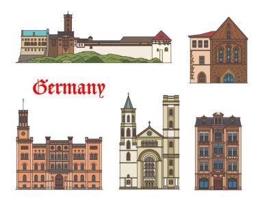 Almanya 'nın Zittau ve Eisenach Wartburg binaları, vektör mimari simgeleri. Alman Thüringen ve Saksonya binaları Noacksches Haus sarayı ve kalesi, Predigerkirche ve St John kilisesi