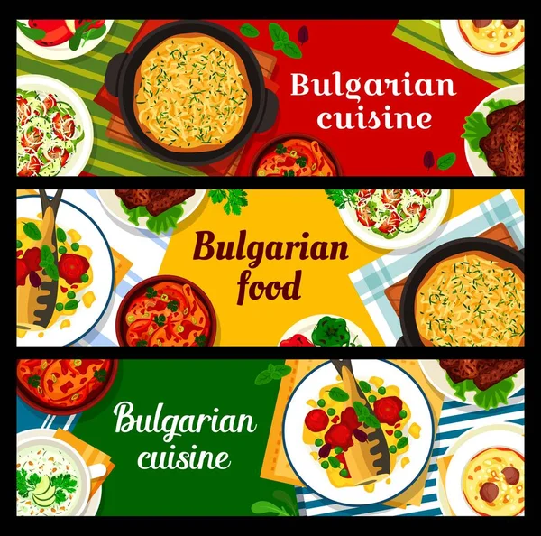 Βουλγαρική Κουζίνα Πανό Μπιφτέκι Κεμπάπ Ψητά Ψάρια Και Σαλάτα Shopska — Διανυσματικό Αρχείο