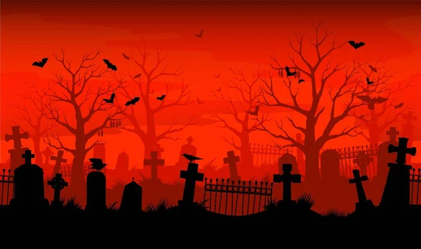 Régi Temetői Sziluett Elhagyott Temető Rémálom Sírkő Ijesztő Tapéta Halloween — Stock Vector