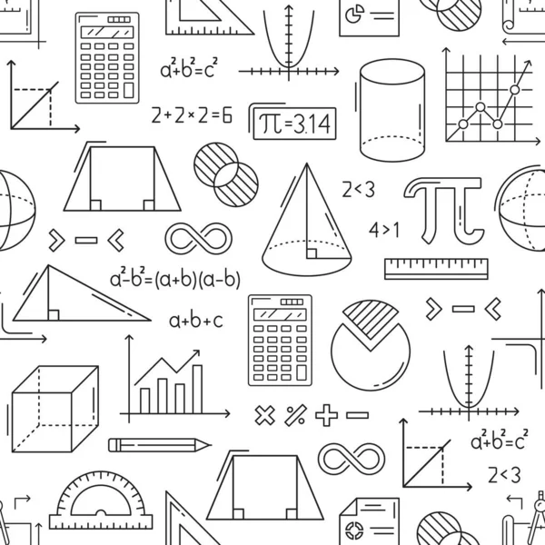 数学のシームレスなパターン 線形代数式 方程式および幾何学的図形 三角グラフおよびチャートを用いた数学教育のベクトル背景 プロトラクターの背景 — ストックベクタ