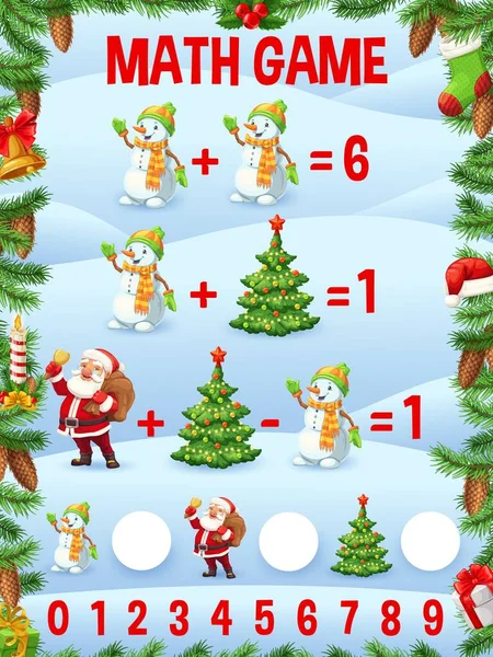 Personaggi Cartoni Animati Natale Gioco Matematica Foglio Lavoro Bambini Puzzle — Vettoriale Stock