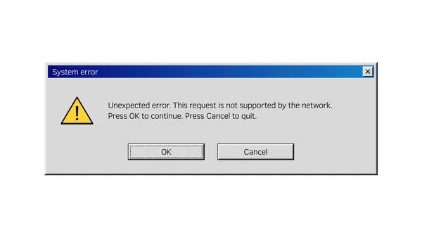 コンピュータシステム警告のエラーメッセージウィンドウ画面 ベクトルポップアップメッセージボックス ネットワークの予期せぬエラー をクリックしたPcのアラートウィンドウ およびサポートされていないリクエストのキャンセルオプションボタン — ストックベクタ